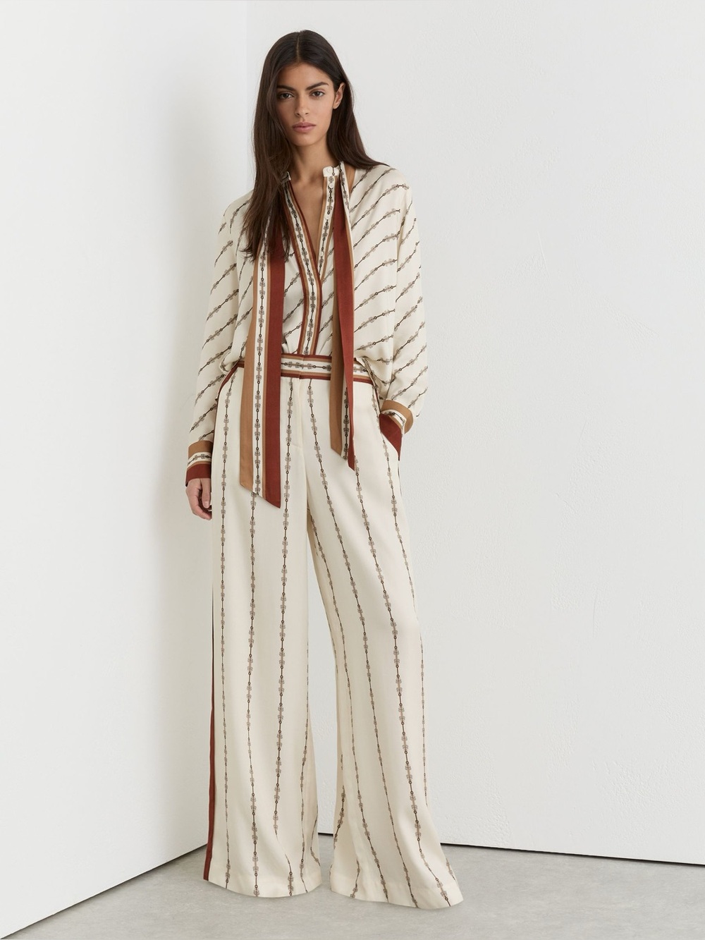 Reiss Lydia Chain Print Matching Set Tie Neck Shirt Wide Leg Pants 6 6P